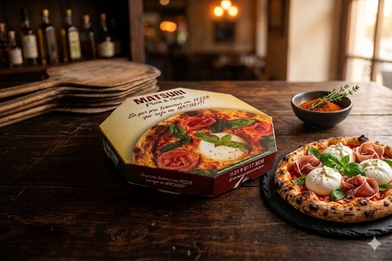 Caixa de pizza personalizada Matsuri — impressão full color com identidade da marca